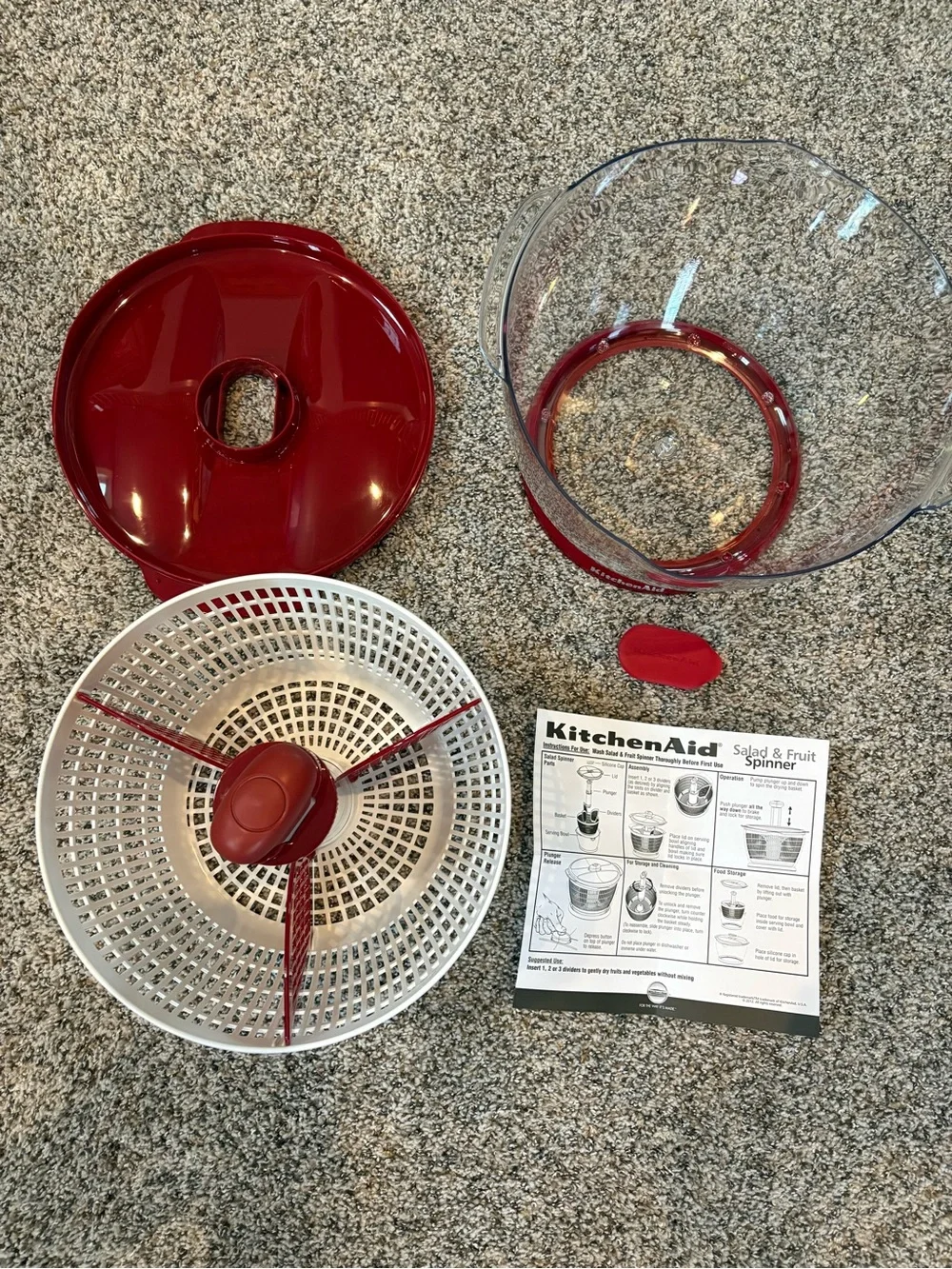 KitchenAid Red and White Salad Spinner with Clear Outer Bowl